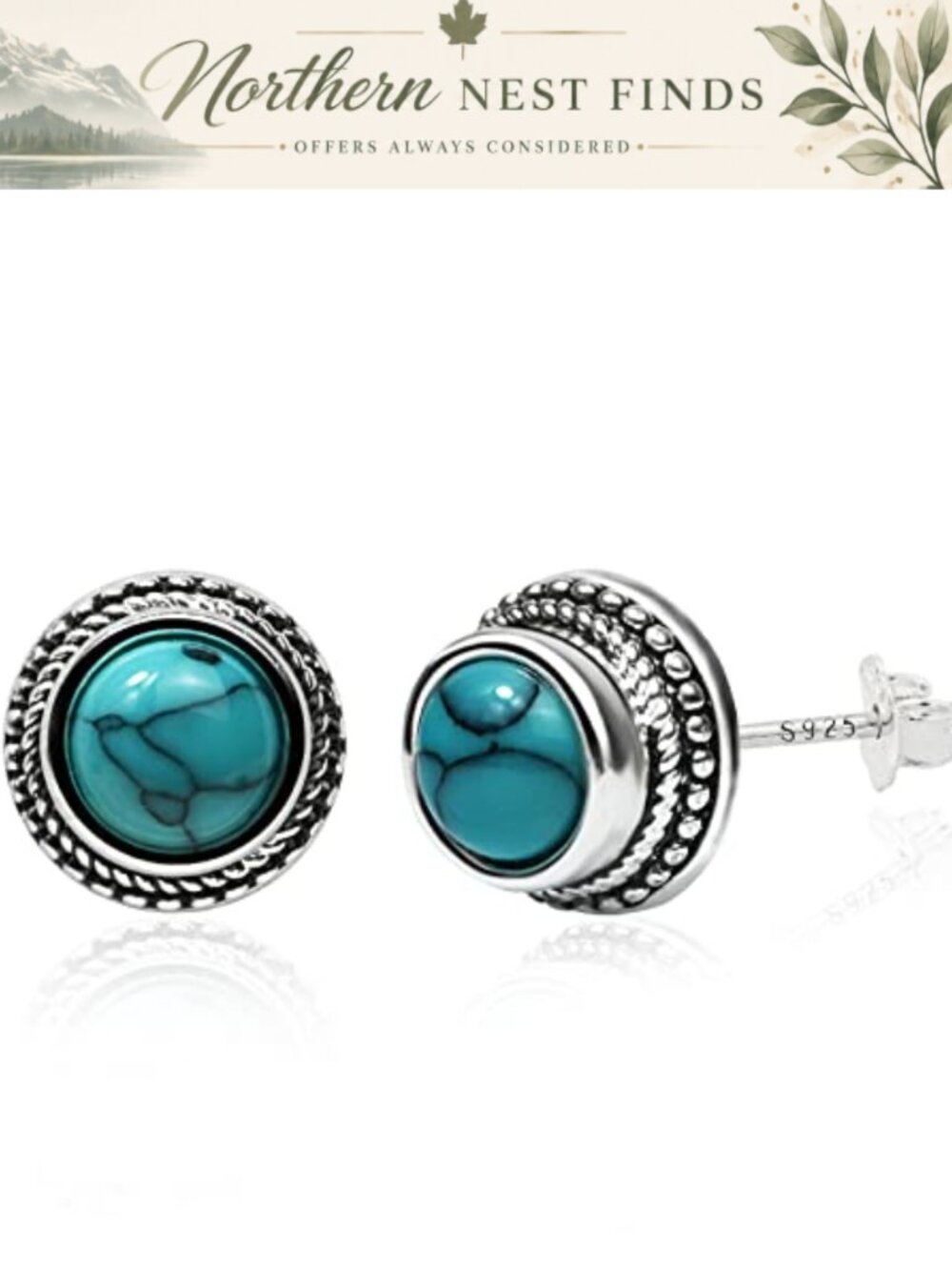 Tibetan Turquoise Stud Earrings 8mm Round 925 Sterling Silver Post Handmade